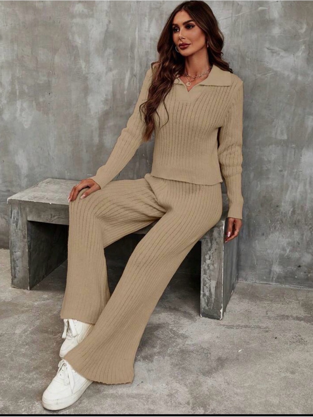 SHEIN Beige Ribbed Knit Wide-Leg Pants Set